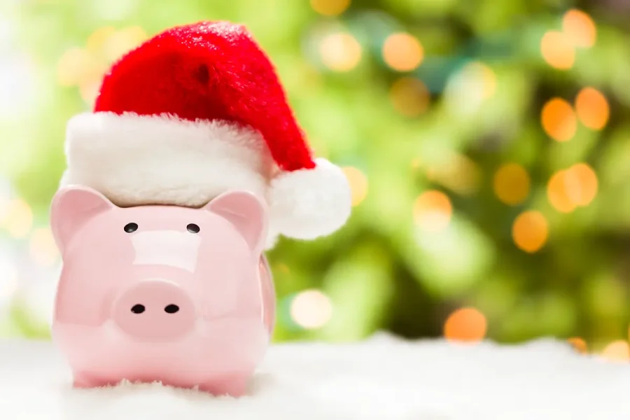 Pink piggy bank wearing a red and white Santa hat. It is standing on on a snowflake covered surface
