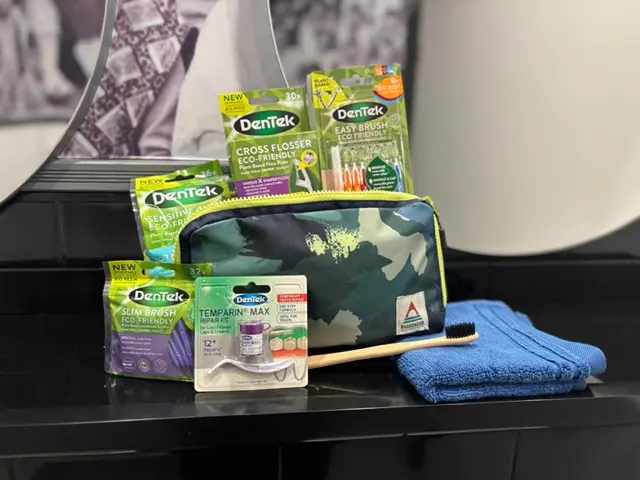 DenTek Travel Kit containing Dentek Temparin Max repair kit, a washcloth, bamboo toothbrush and assorted DenTek brushes and flossers.