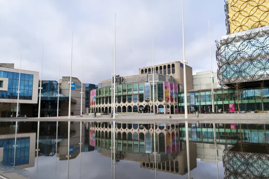 Centenary Square in Birmingham, England, showing the Symphony Hall, Birmingham Rep and Library of Birmingham.