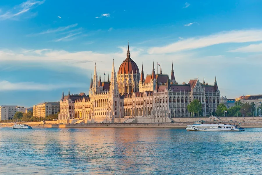 View of the Parliament building from the River Danube in Budapest, Hungary.