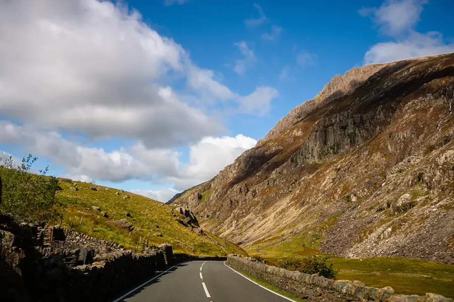 A mountain road through the Eryri National Park (Snowdonia) in North Wales.