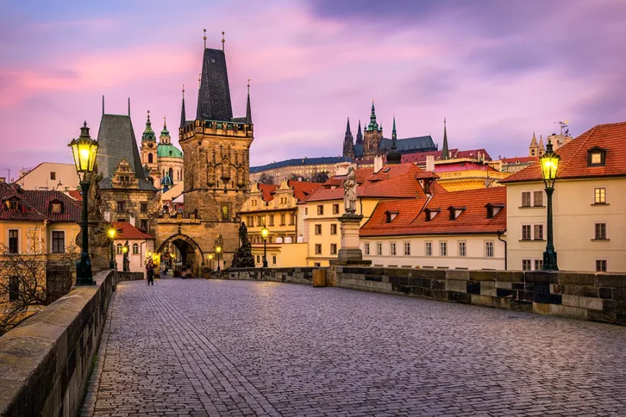 Sunrise over Charles Bridge, Prague, Czechia.