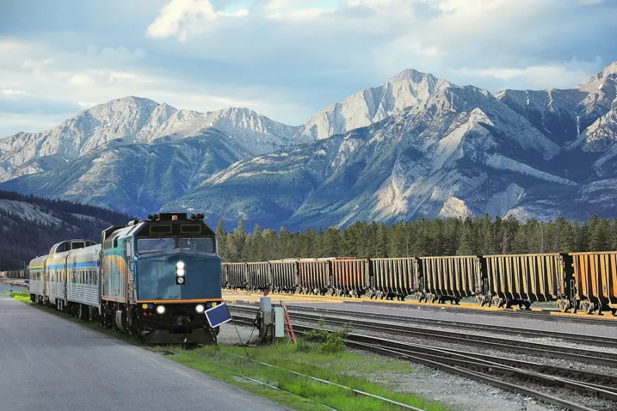 Passenger train stands on Jasper station, Canada
