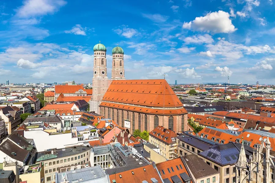 The Frauenkirche and rooftops in Munich, Germany.