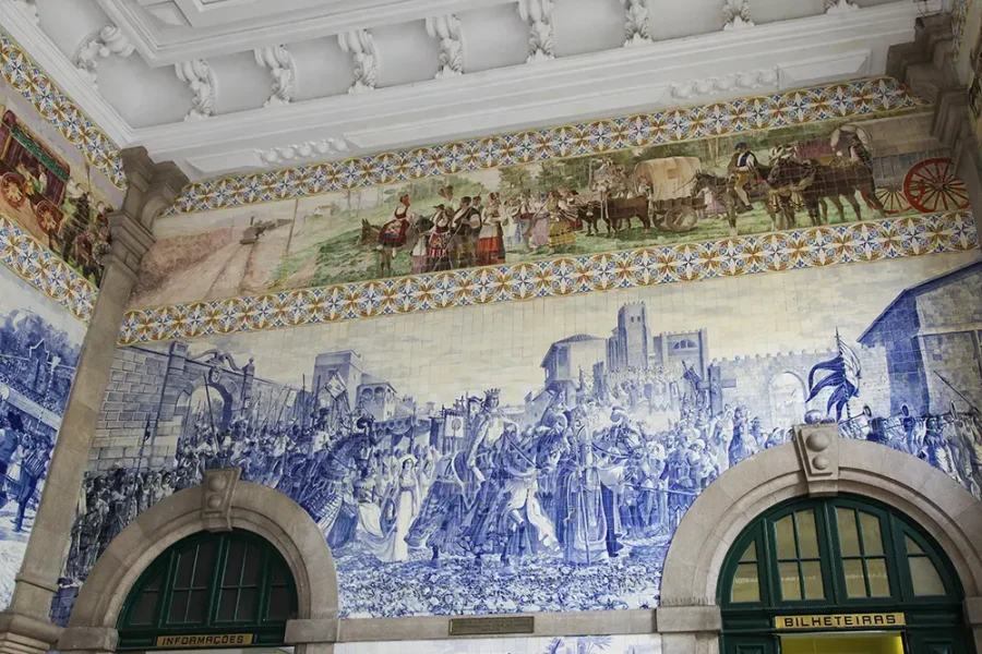 Azulejo tiling at Sao Bento station in Porto, Portugal.